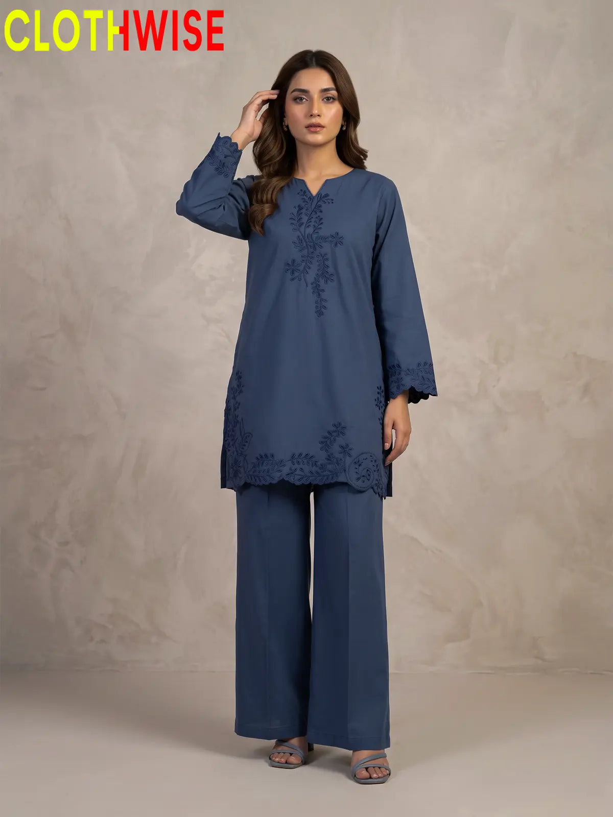 Gulkari chikankari embroidered cotton co-ord set in Navy - standing front view