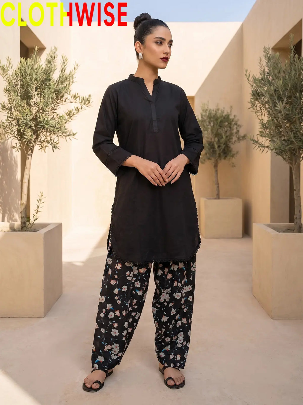 Nazakat Black lawn top with printed farshi shalwar - front view