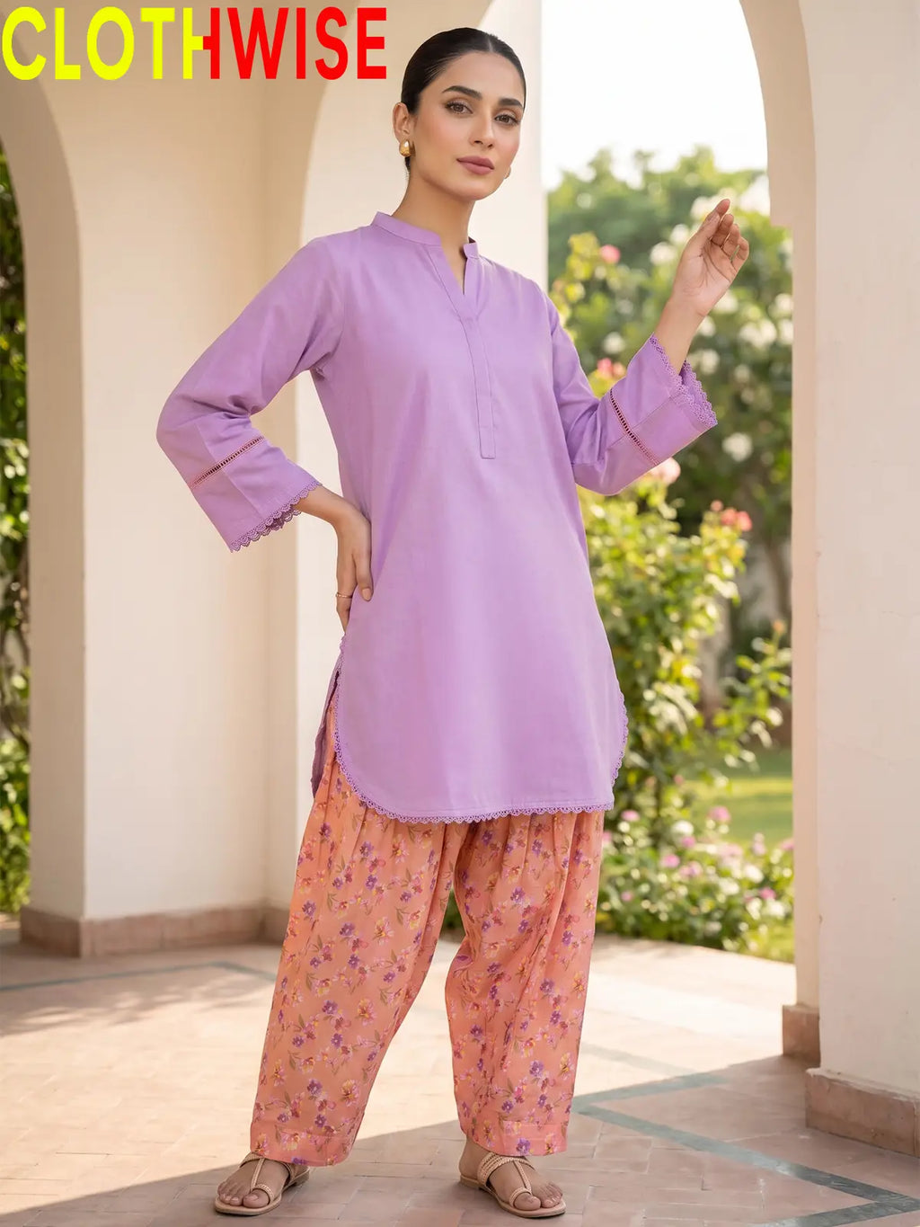 Nazakat Lavender lawn top with printed farshi shalwar - front view