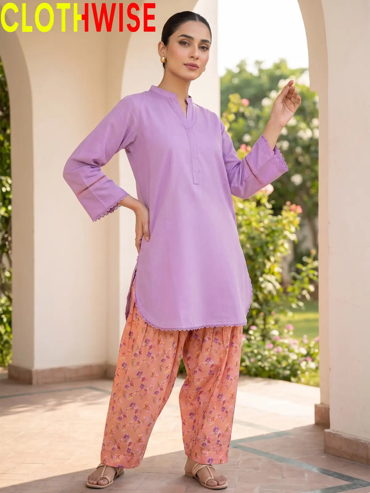 Nazakat Lavender lawn top with printed farshi shalwar - front view
