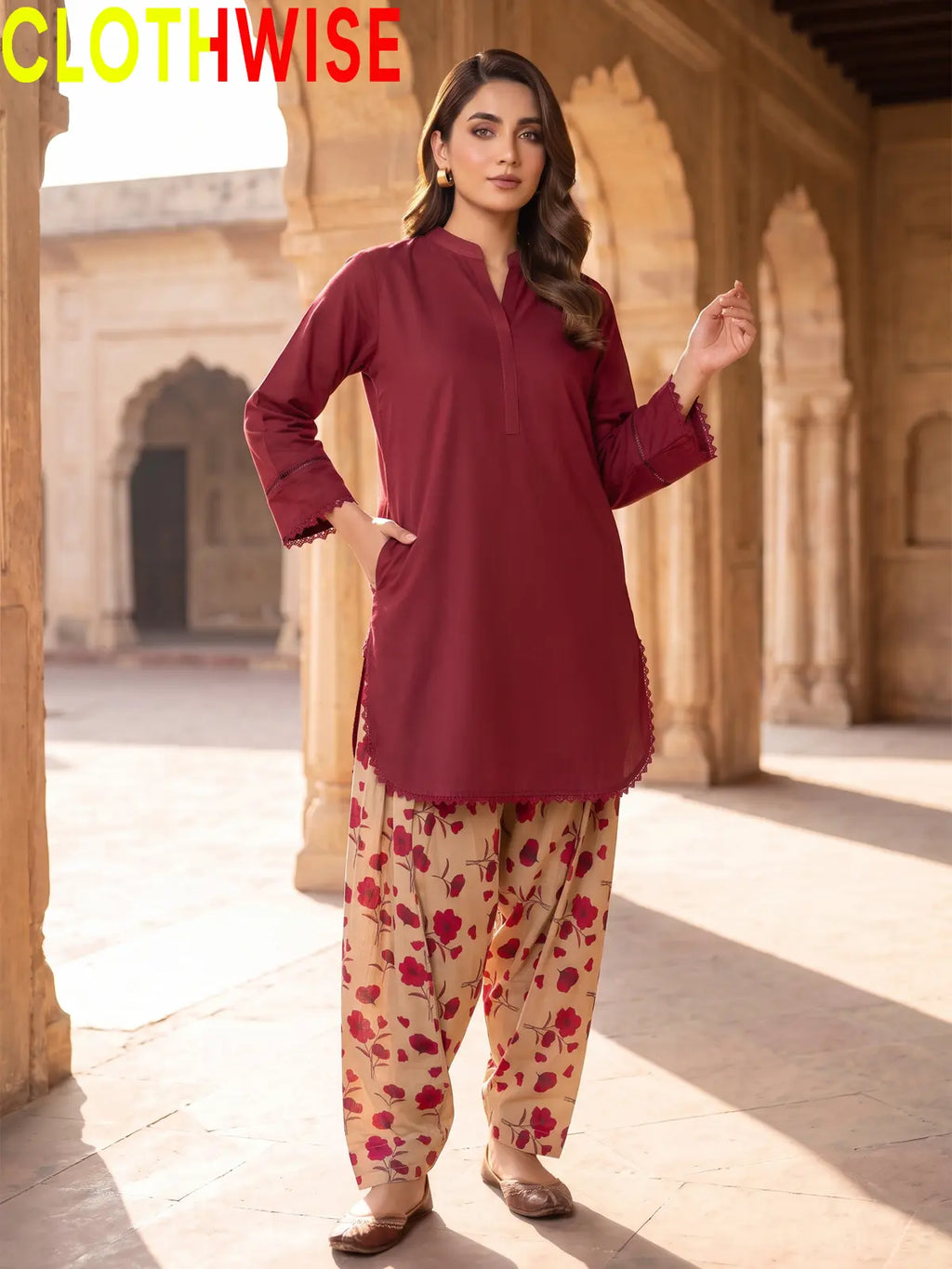 Nazakat Maroon lawn top with printed farshi shalwar - front view