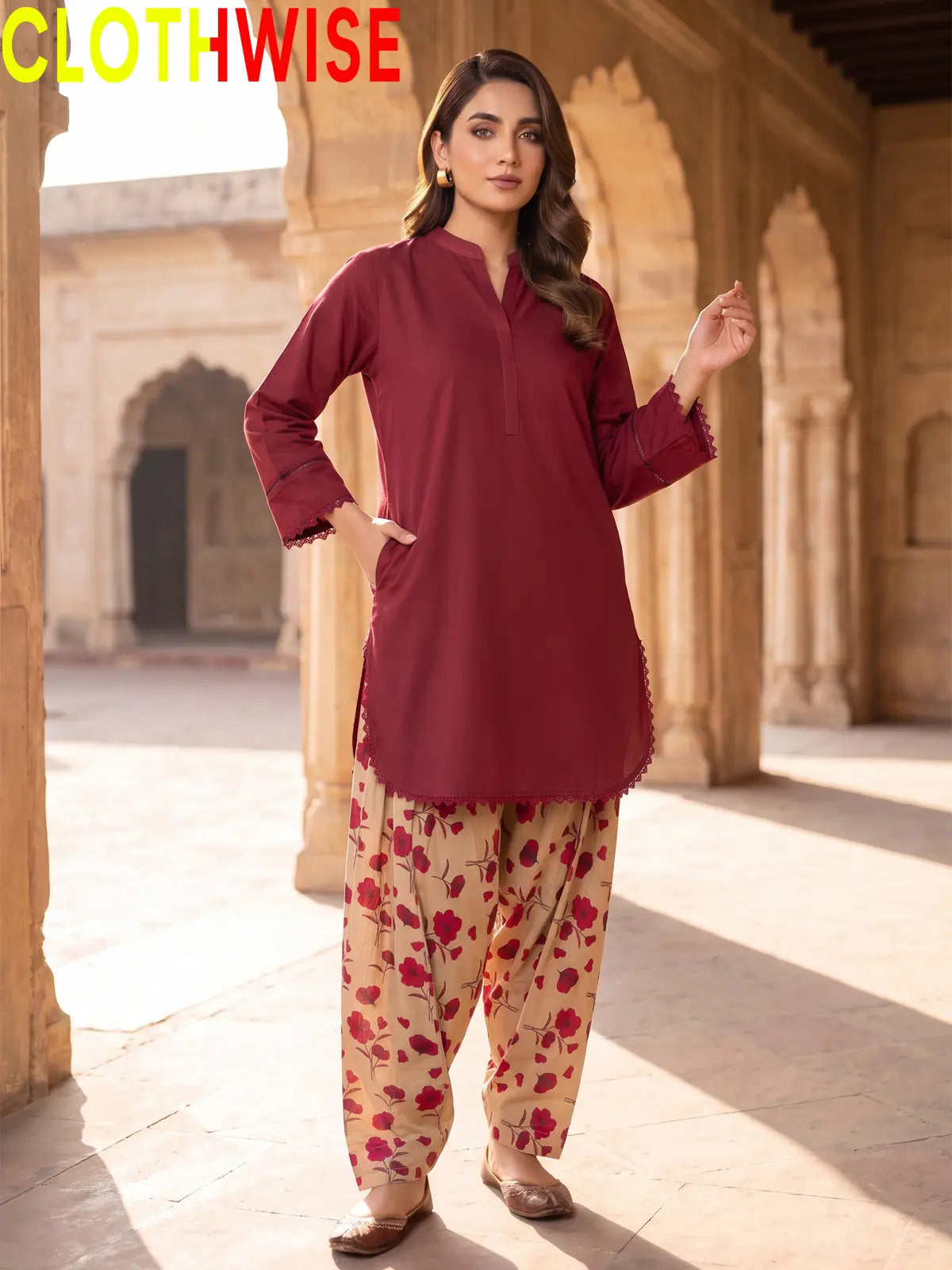 Nazakat Maroon lawn top with printed farshi shalwar - front view