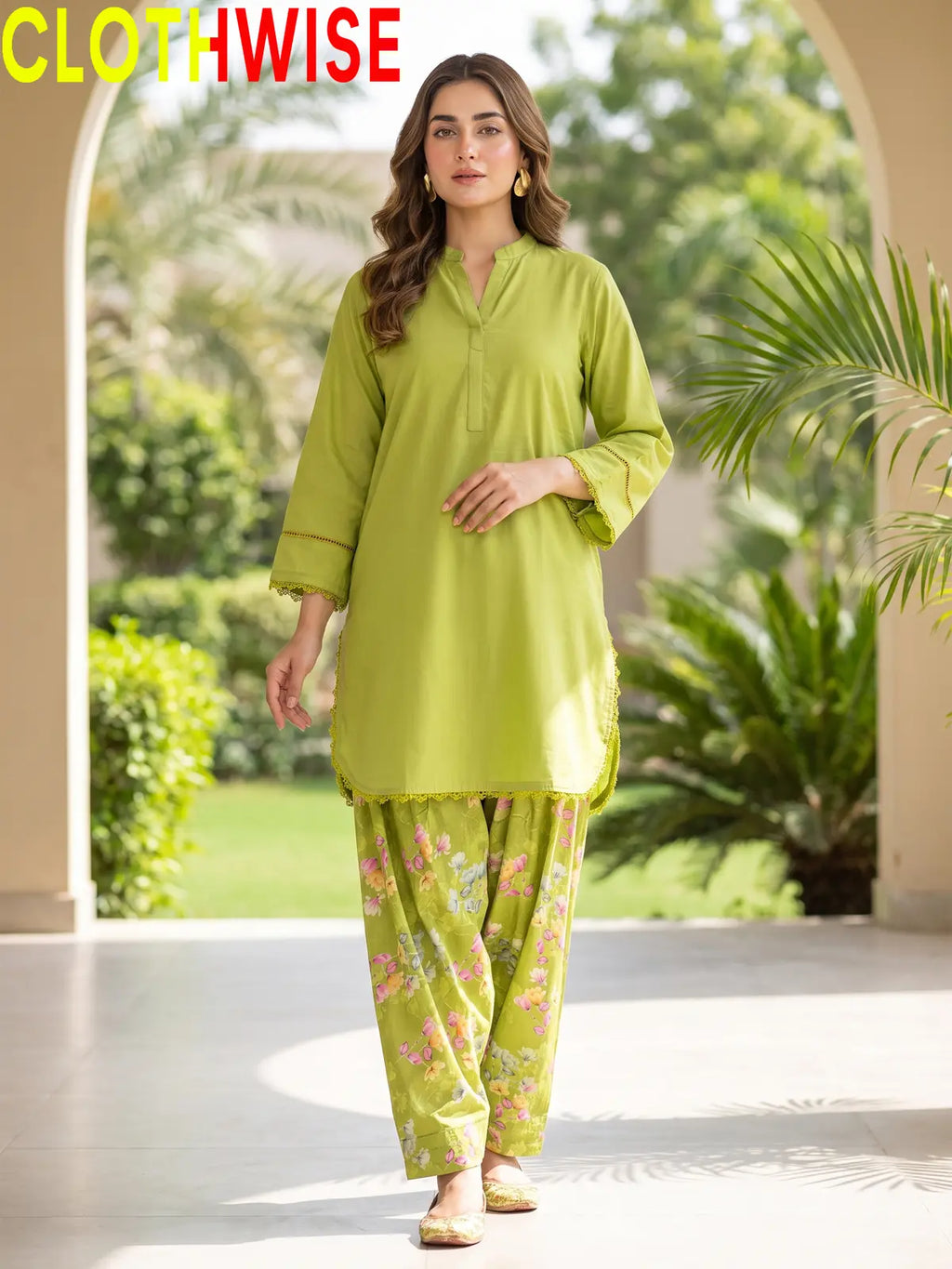 Nazakat Parrot Green lawn top with printed farshi shalwar - front view