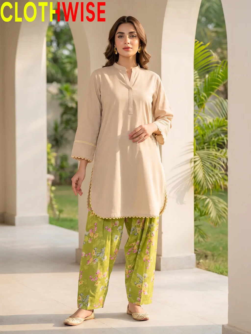 Nazakat Skin lawn top with printed farshi shalwar - front view