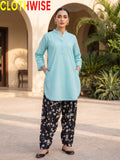 Nazakat Sky Blue lawn top with printed farshi shalwar - front view