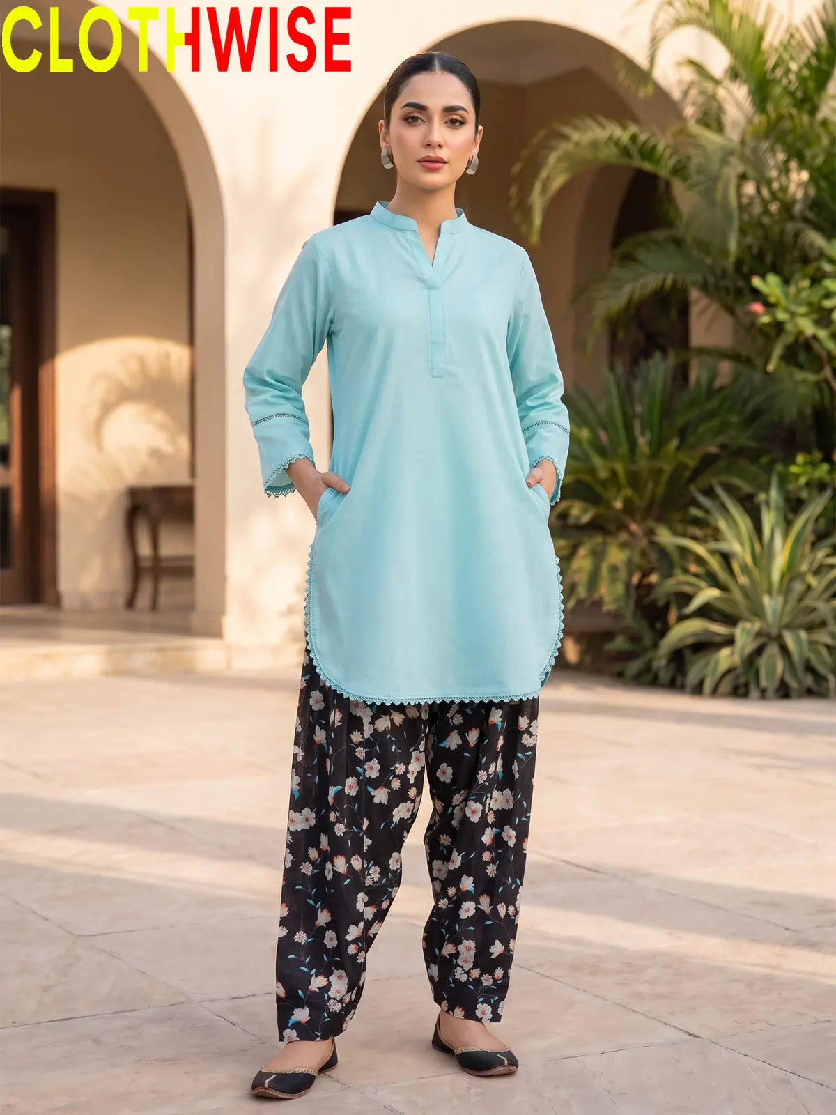 Nazakat Sky Blue lawn top with printed farshi shalwar - front view