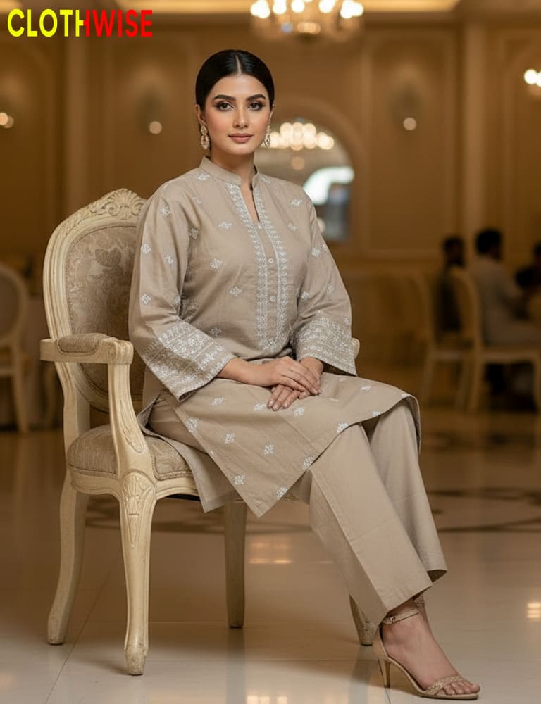 Woman in a beige traditional outfit sitting on a chair in an elegant indoor setting.