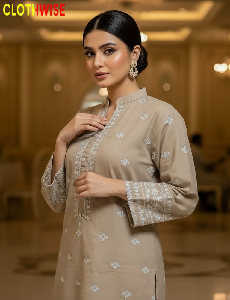 Woman wearing a beige embroidered kurta with a blurred indoor background, featuring the 'Clothwise' brand.
