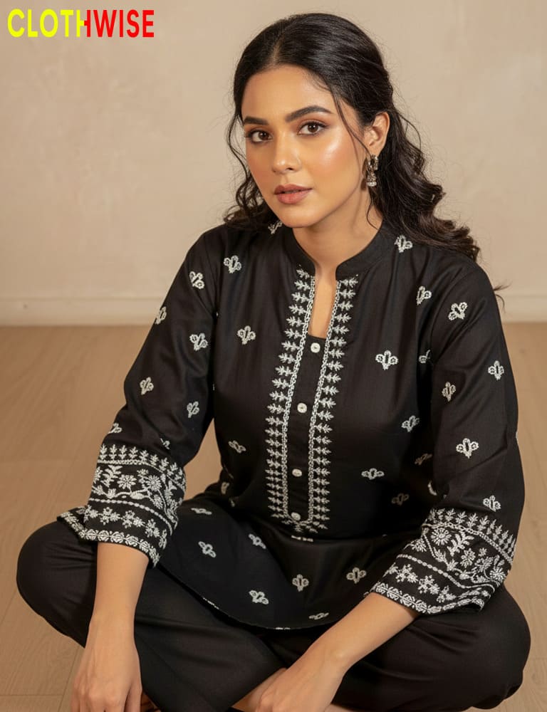 Woman wearing a black embroidered top with white patterns, sitting against a beige background. Brand 'ClothWise' visible.