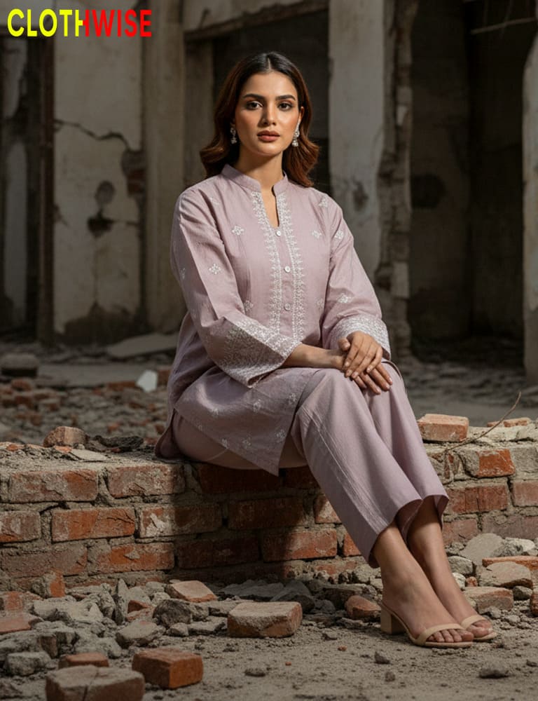 Woman in a light purple outfit sitting on rubble with 'CLOTHWISE' branding.
