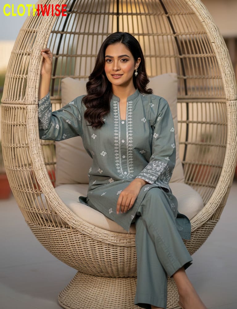 Woman in a light blue traditional outfit sitting in a wicker chair with 'Clothwise' branding.