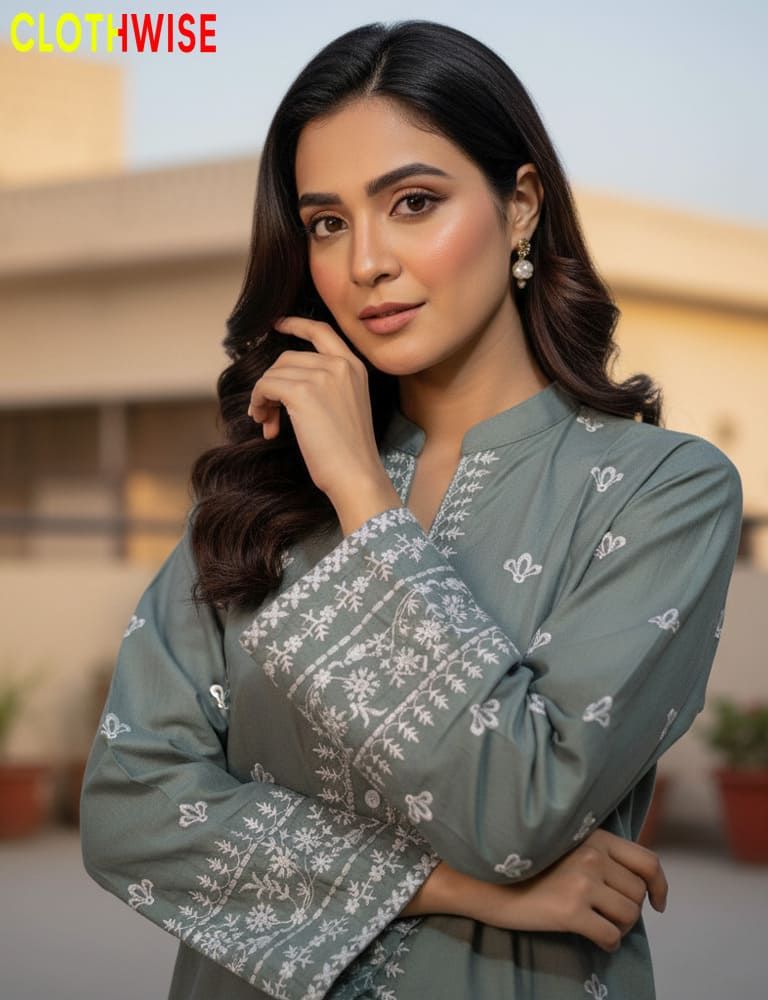 Woman wearing a green embroidered outfit with 'CLOTHWISE' branding.