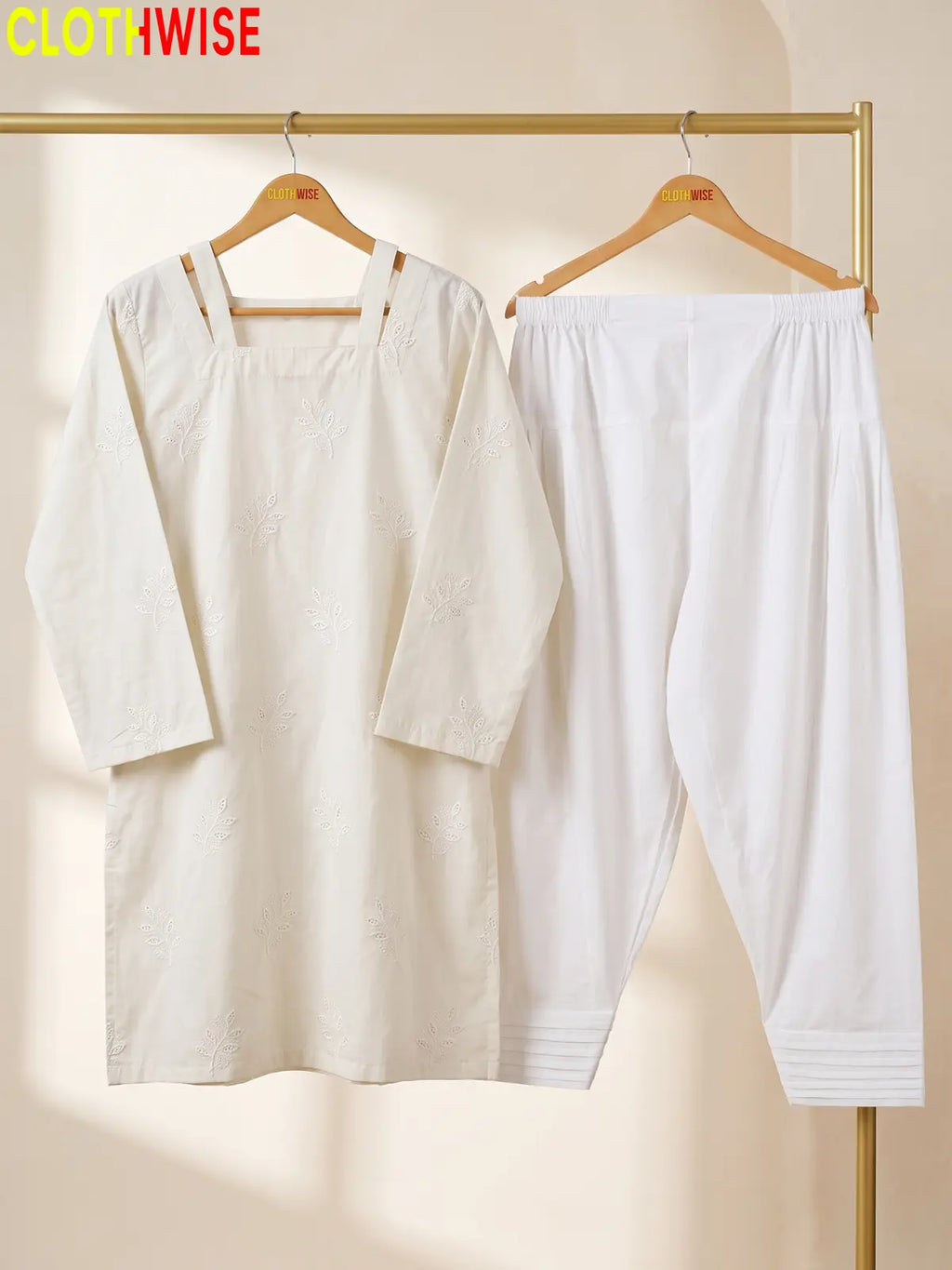 Hoor Off White 2-piece embroidered cotton suit hanging view - CLOTHWISE
