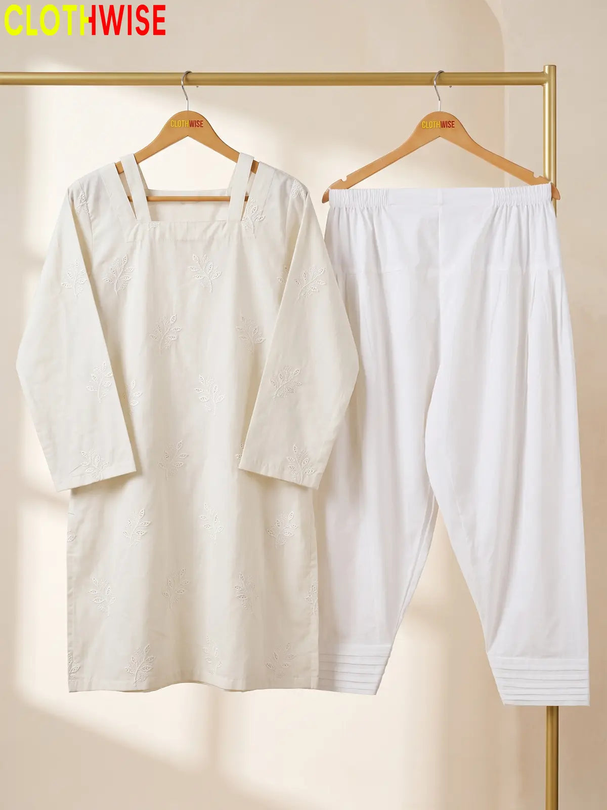 Hoor Off White 2-piece embroidered cotton suit hanging view - CLOTHWISE