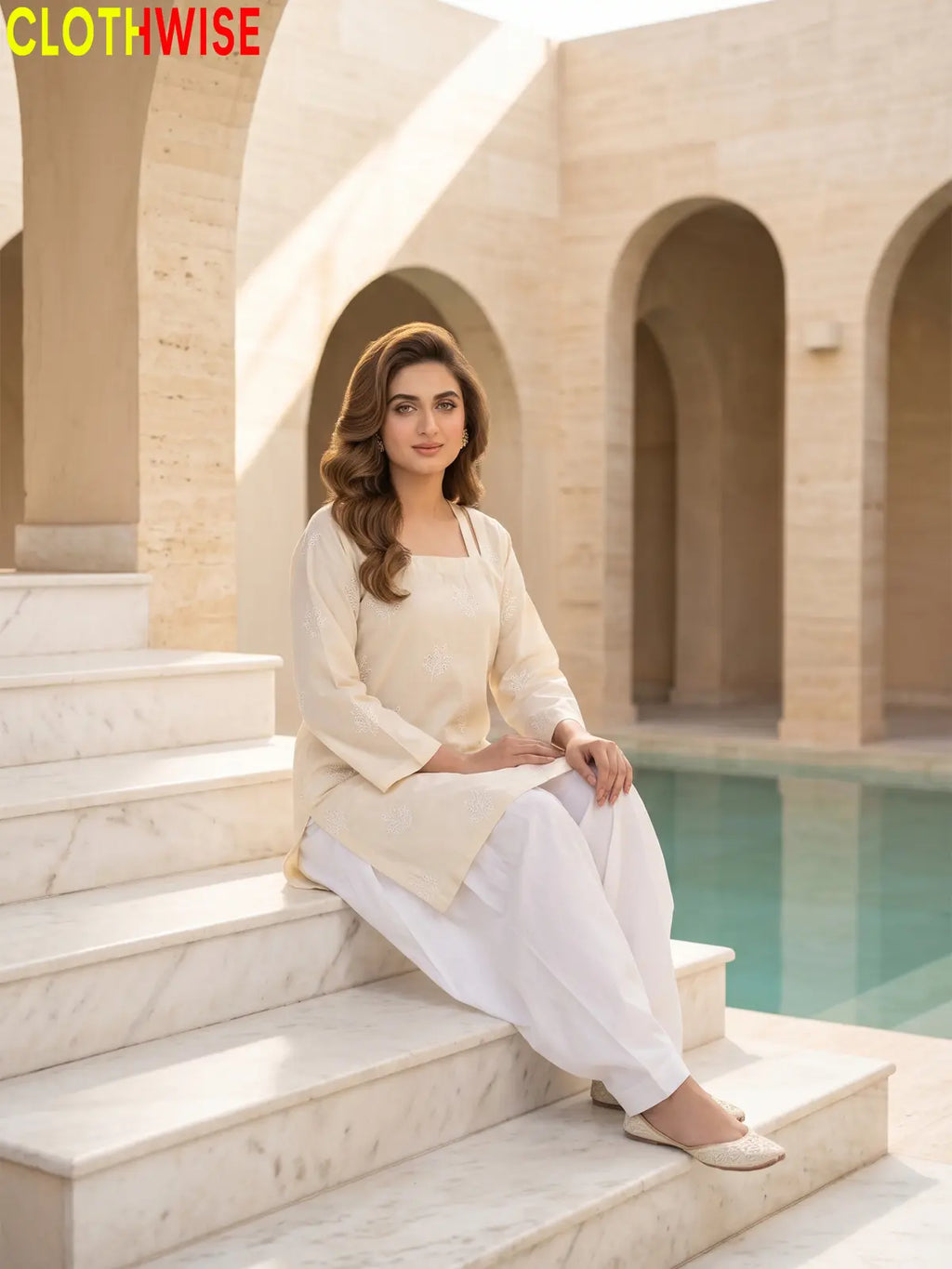 Hoor Off White embroidered cotton suit sitting view - CLOTHWISE