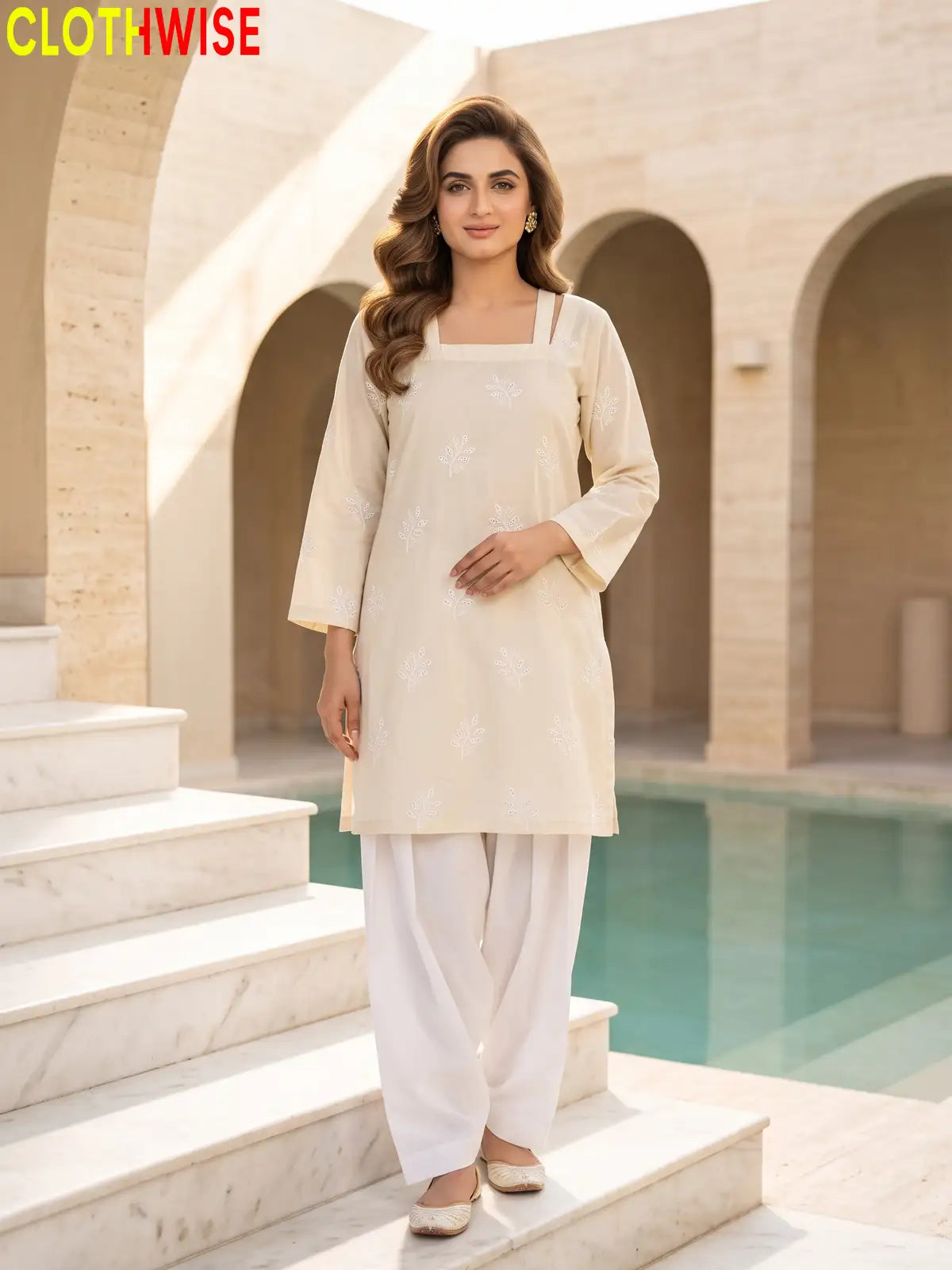 Hoor Off White embroidered cotton suit standing view - CLOTHWISE