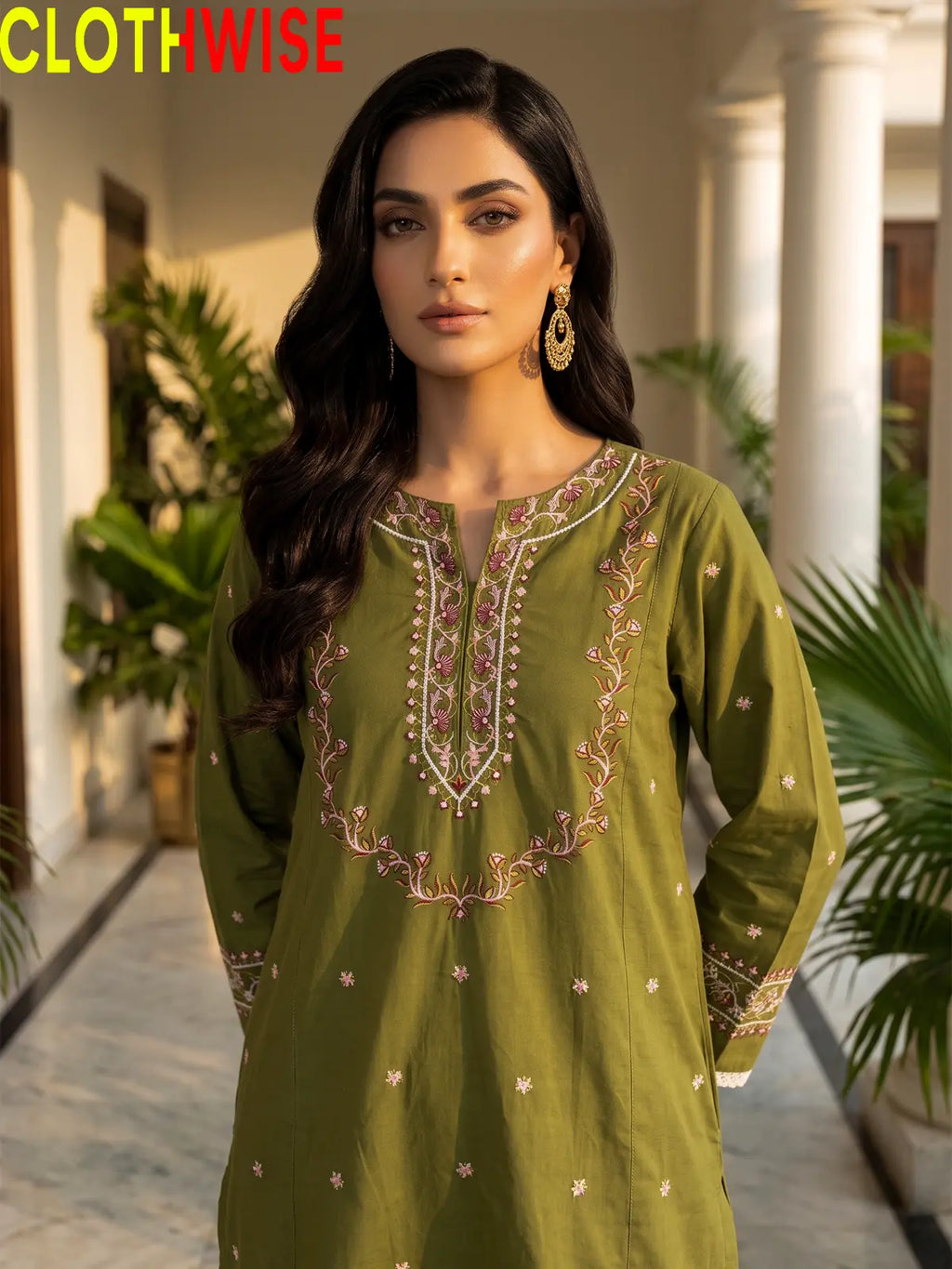 Noor Olive Embroidered Cotton Suit - Embroidery Closeup