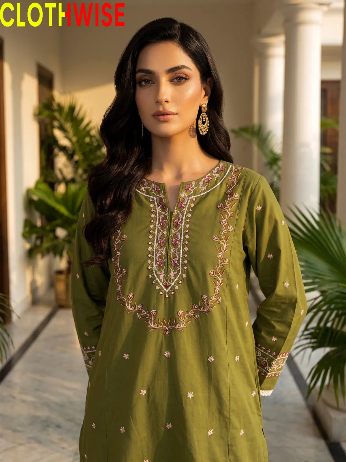 Noor Olive Embroidered Cotton Suit - Embroidery Closeup