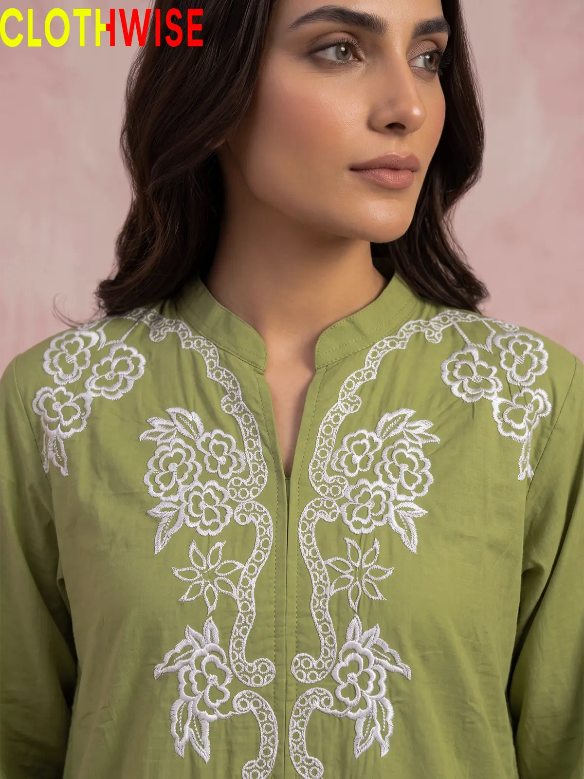 Muskaan Olive Suit – Embroidered Neckline Detail