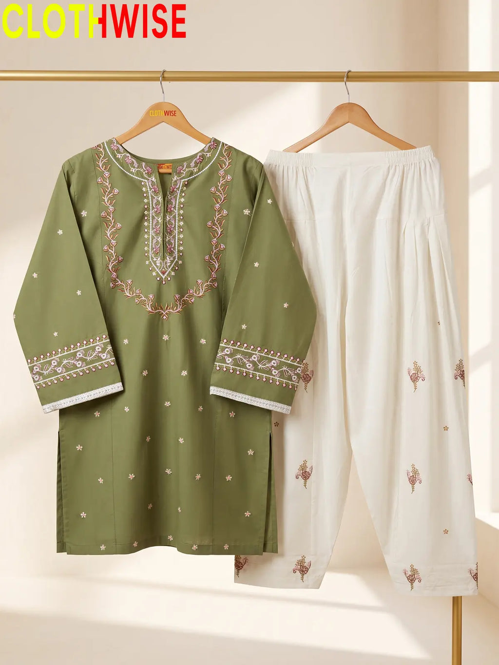 Noor Olive Embroidered Cotton Suit - Hanger View