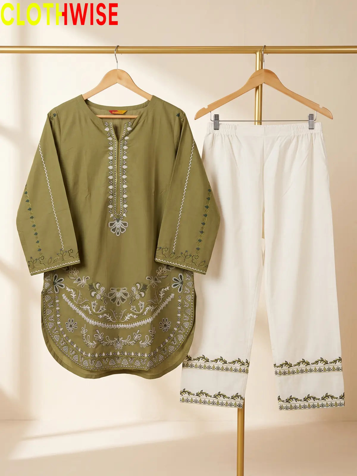 Naqsh Olive embroidered 2-piece cotton suit - on hanger