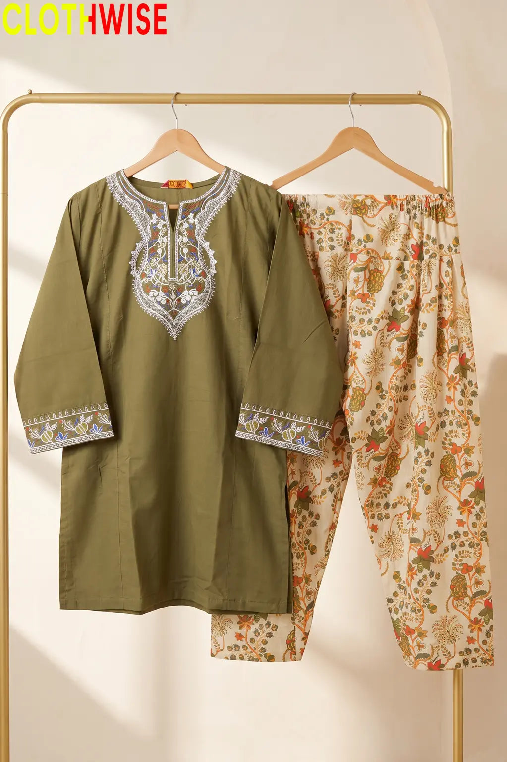 Ishq Olive Embroidered Cotton Suit – Hanger View
