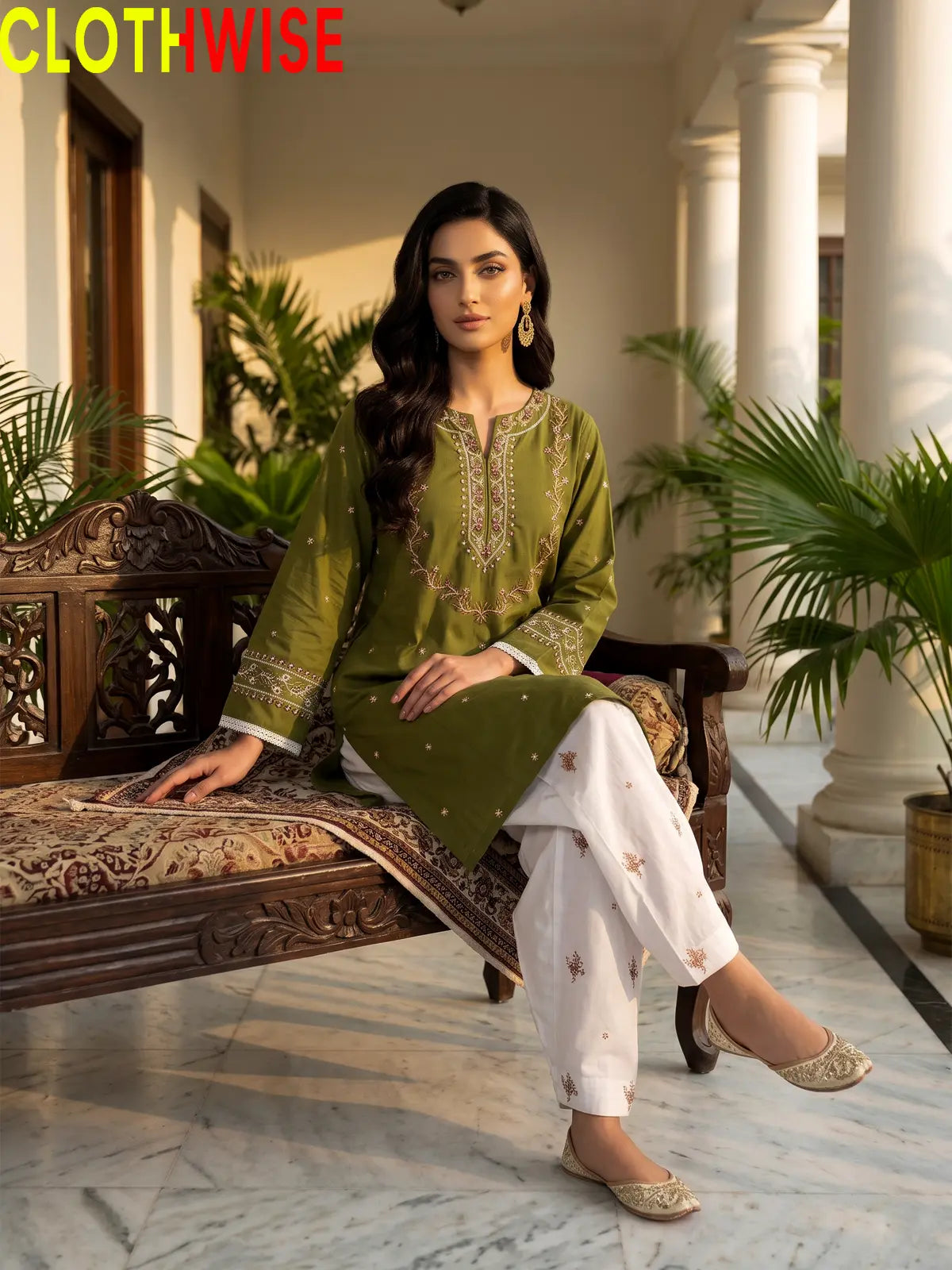Noor Olive Embroidered Cotton Suit - Sitting View