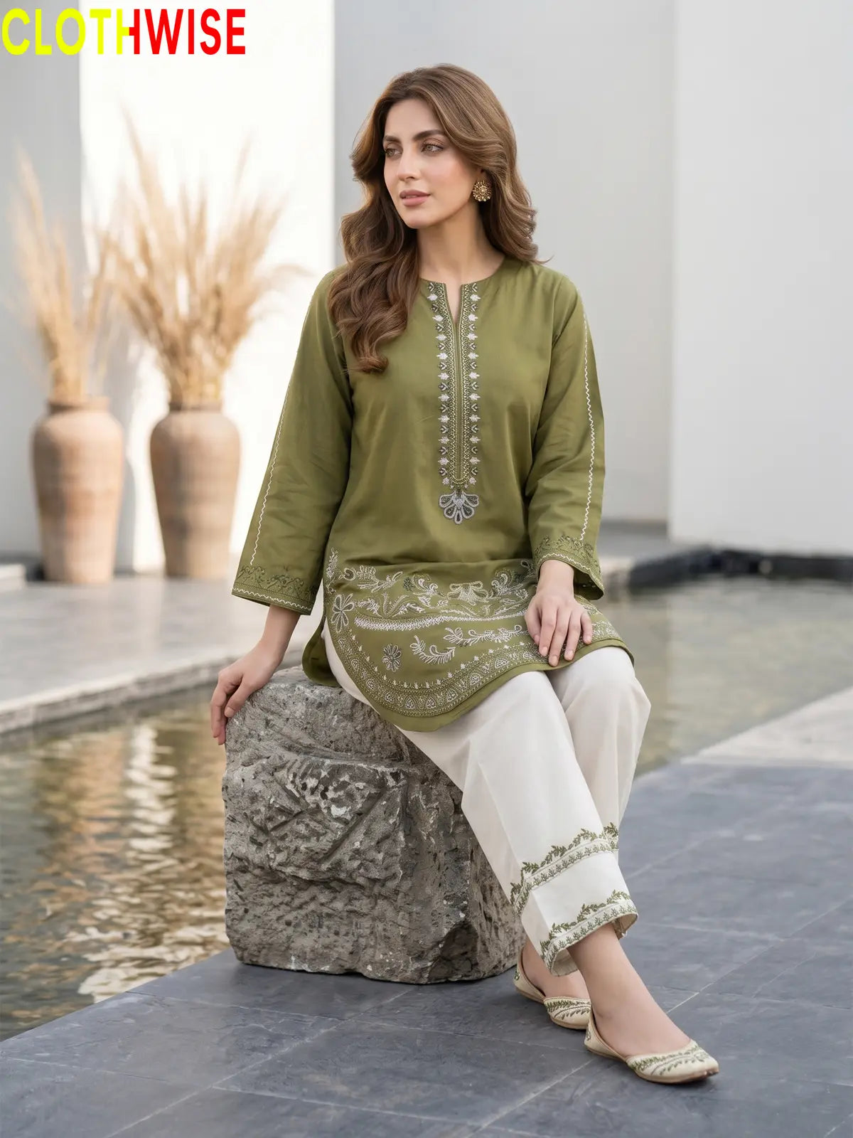 Naqsh Olive embroidered 2-piece cotton suit - sitting view