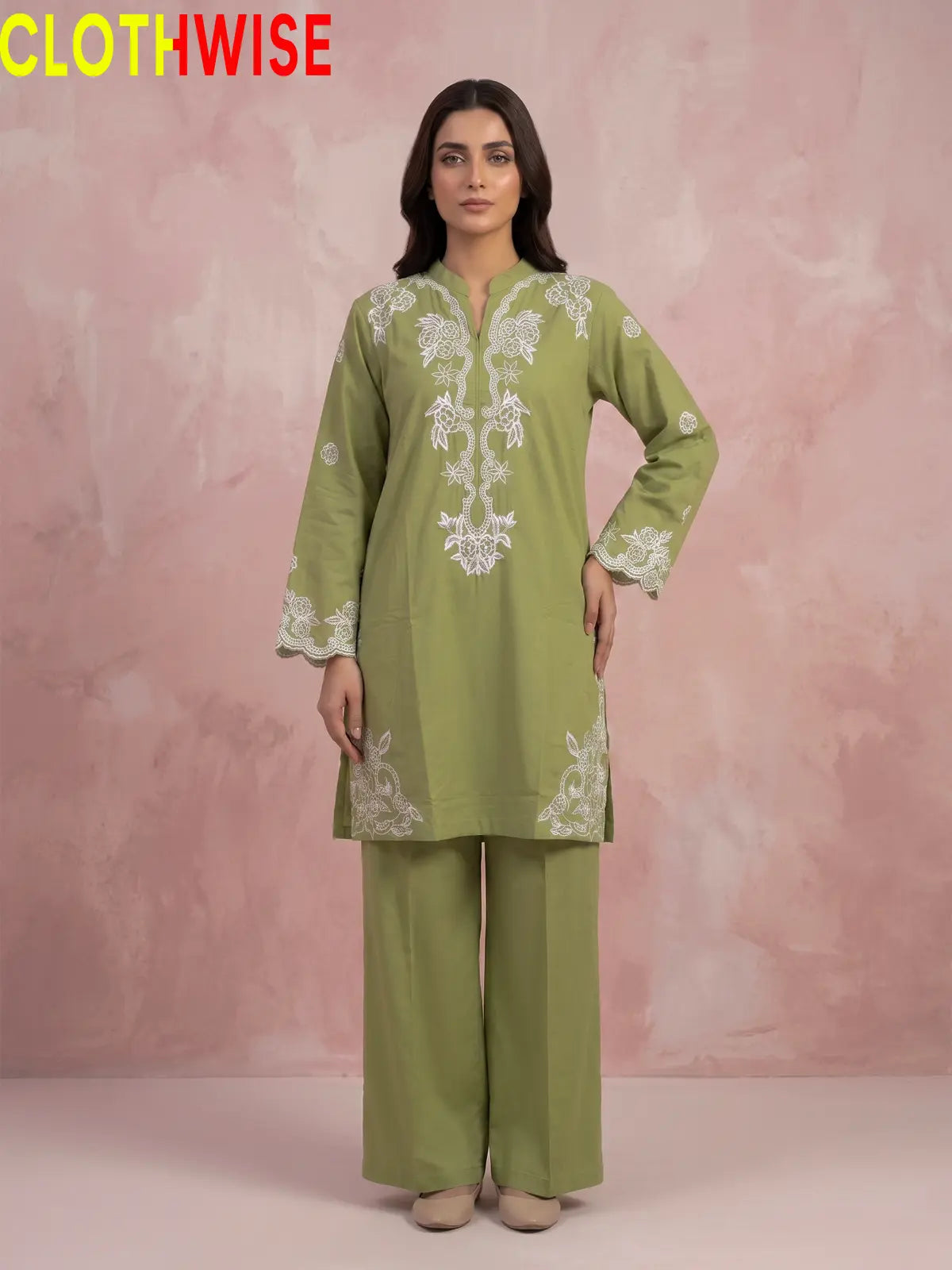 Muskaan Olive Embroidered 2-Piece Cotton Suit – Front View