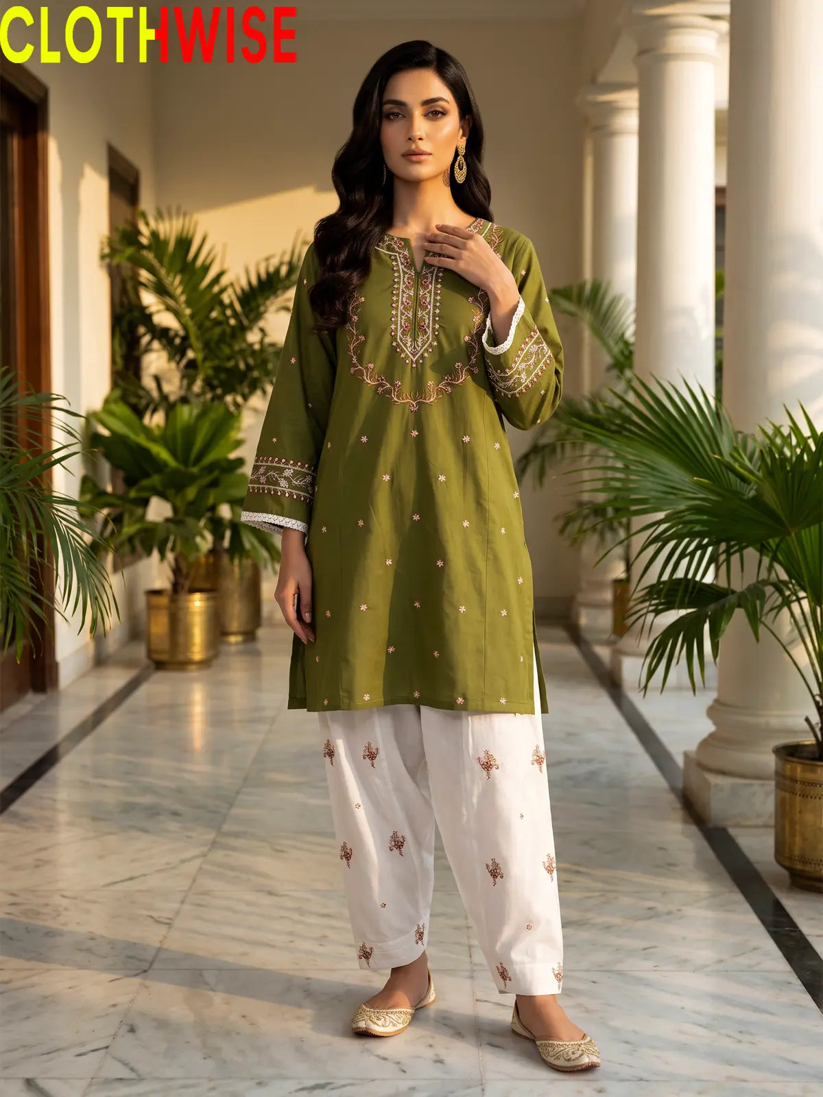 Noor Olive Embroidered Cotton Suit - Standing View
