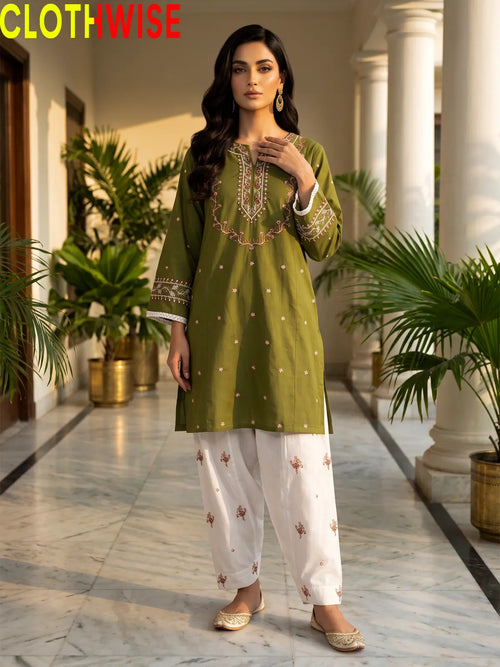 Noor Olive Embroidered Cotton Suit - Standing View