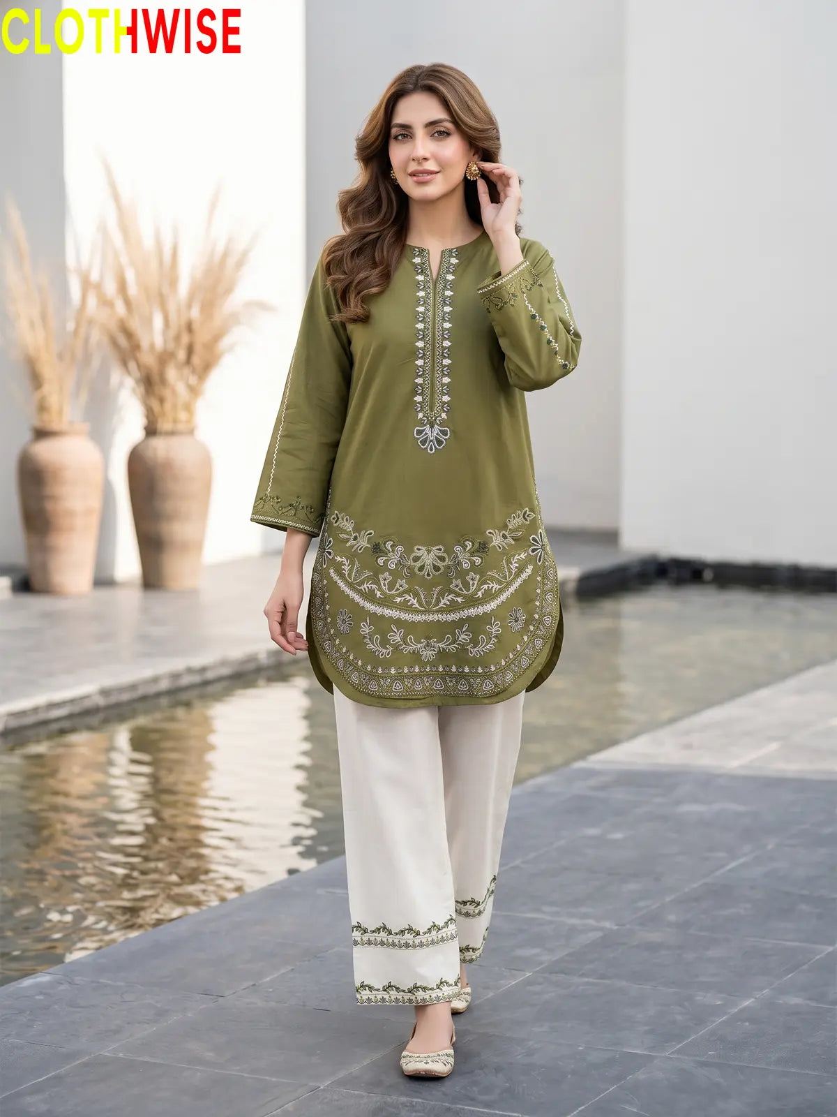 Naqsh Olive embroidered 2-piece cotton suit - standing view