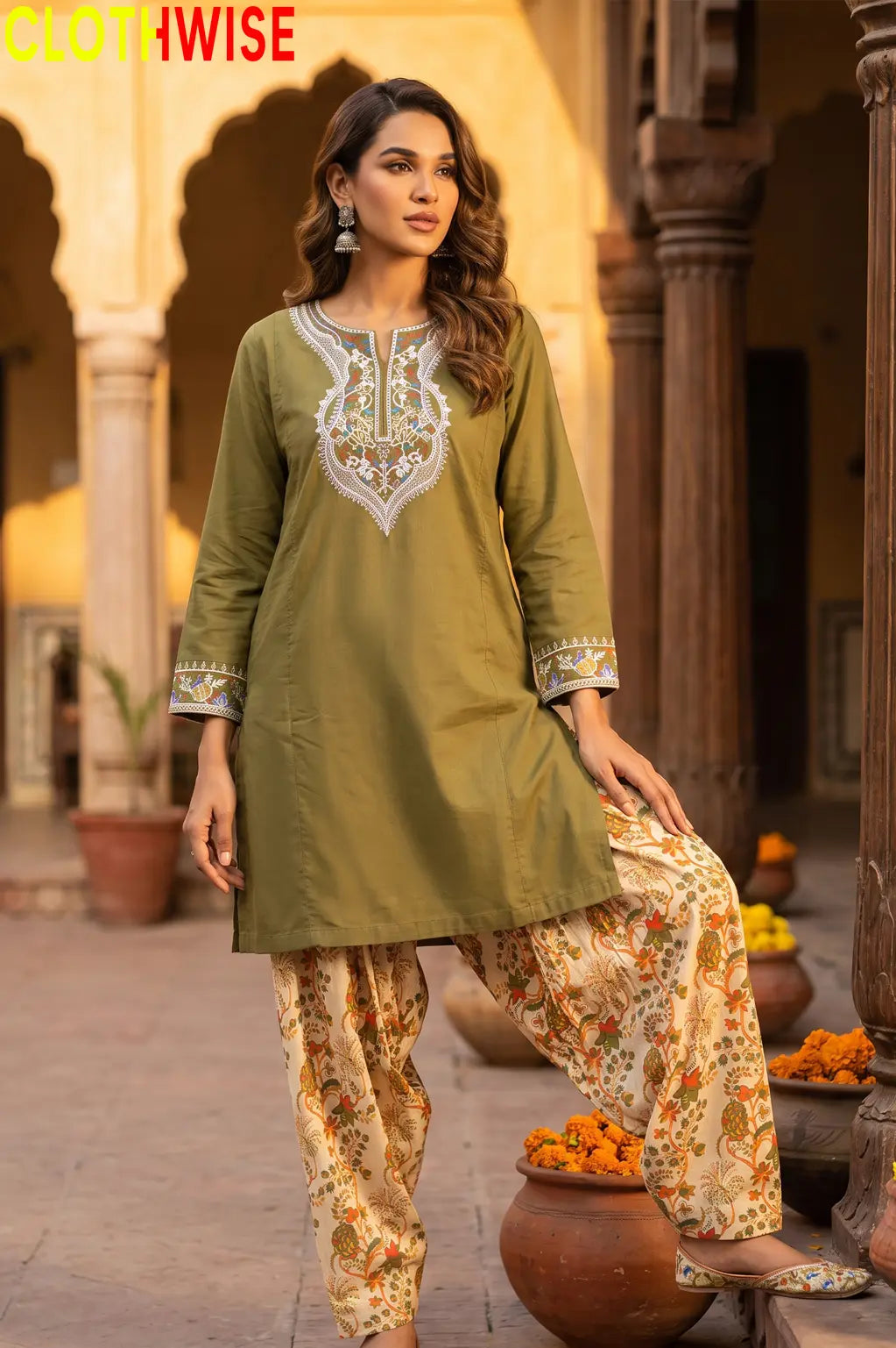 Ishq Olive Embroidered Cotton Suit – Standing View