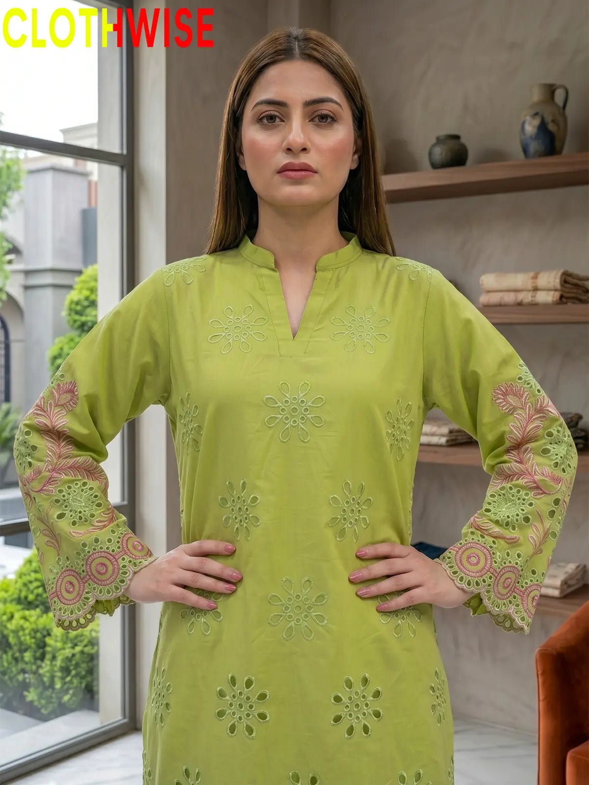 Nazakat Olive Premium Laser Embroidered Cotton Co-ord Set - Pakistani Women Pret | CLOTHWISE