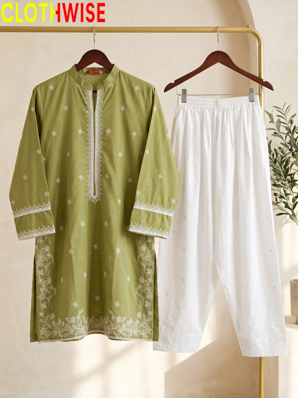 Lazawal – 2 Pcs Cotton Sequin Embroidered Kurti with White Farshi Shalwar