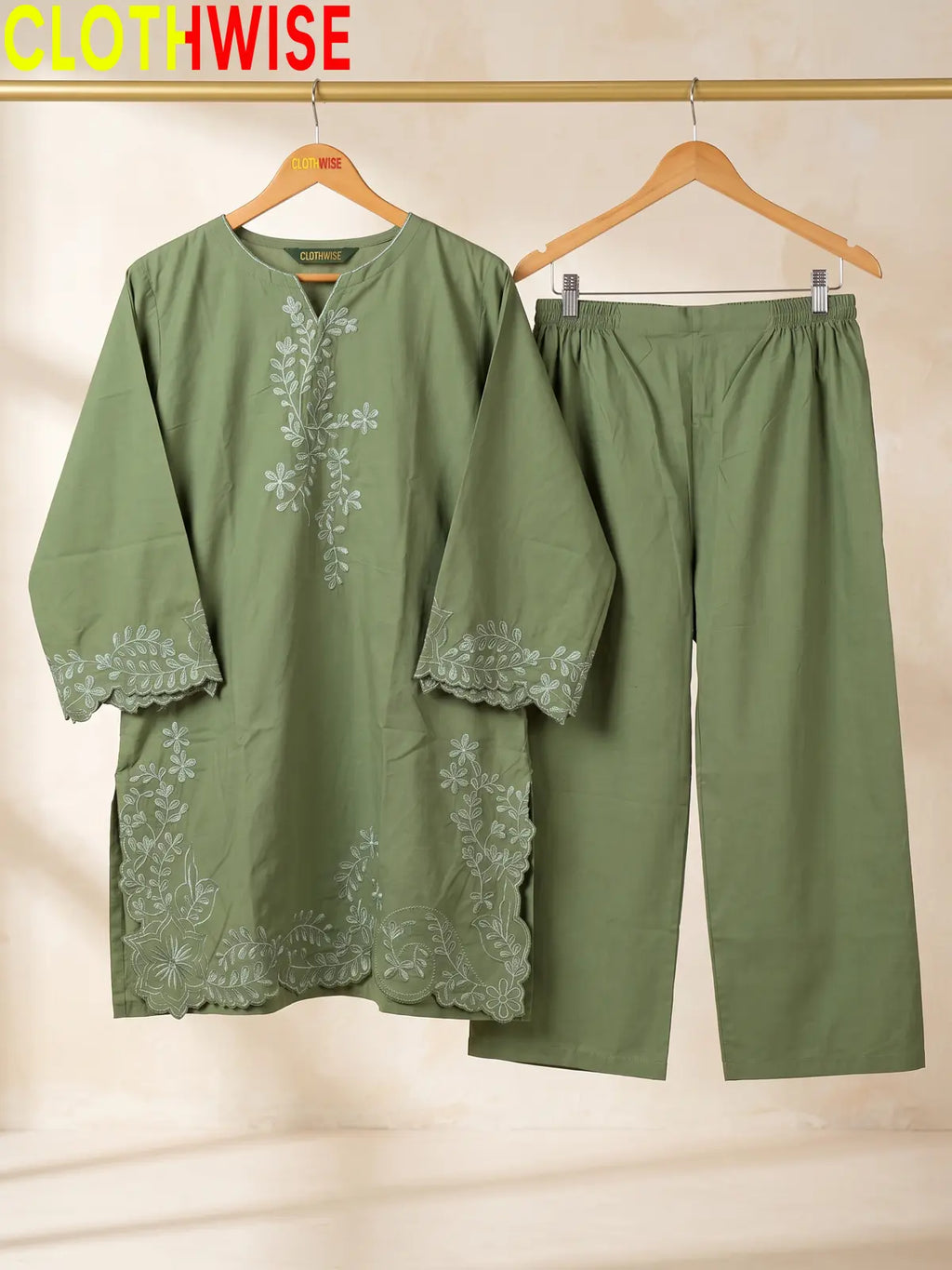 Embroidered Cotton Kurti with Wide Leg Flapper | Scalloped Hem Co-ord Set