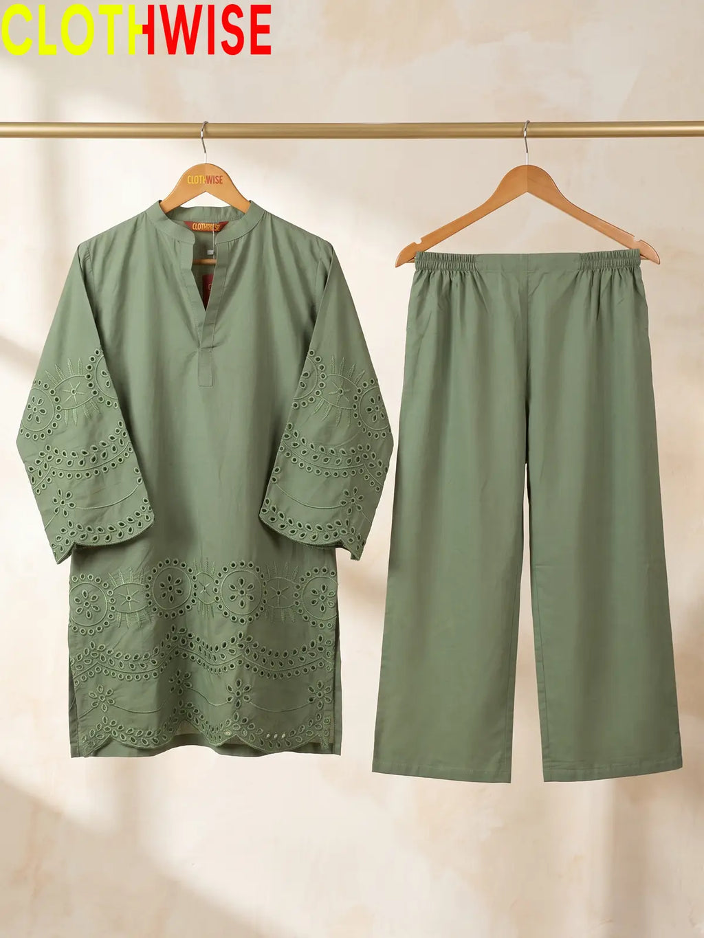 CottonCut Schiffli Embroidered Cotton 2-Piece Suit | Eyelet Kurta with Flapper
