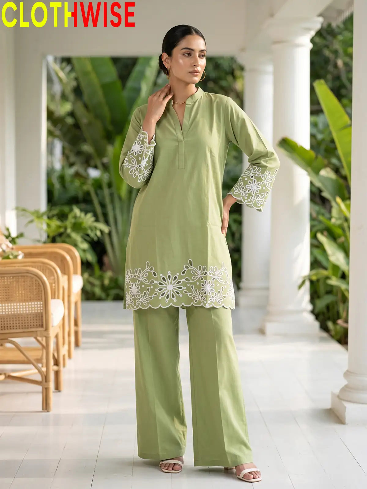 Aserin Laser Cutwork Cotton Suit | Embroidered Kurti with Wide Leg Flapper