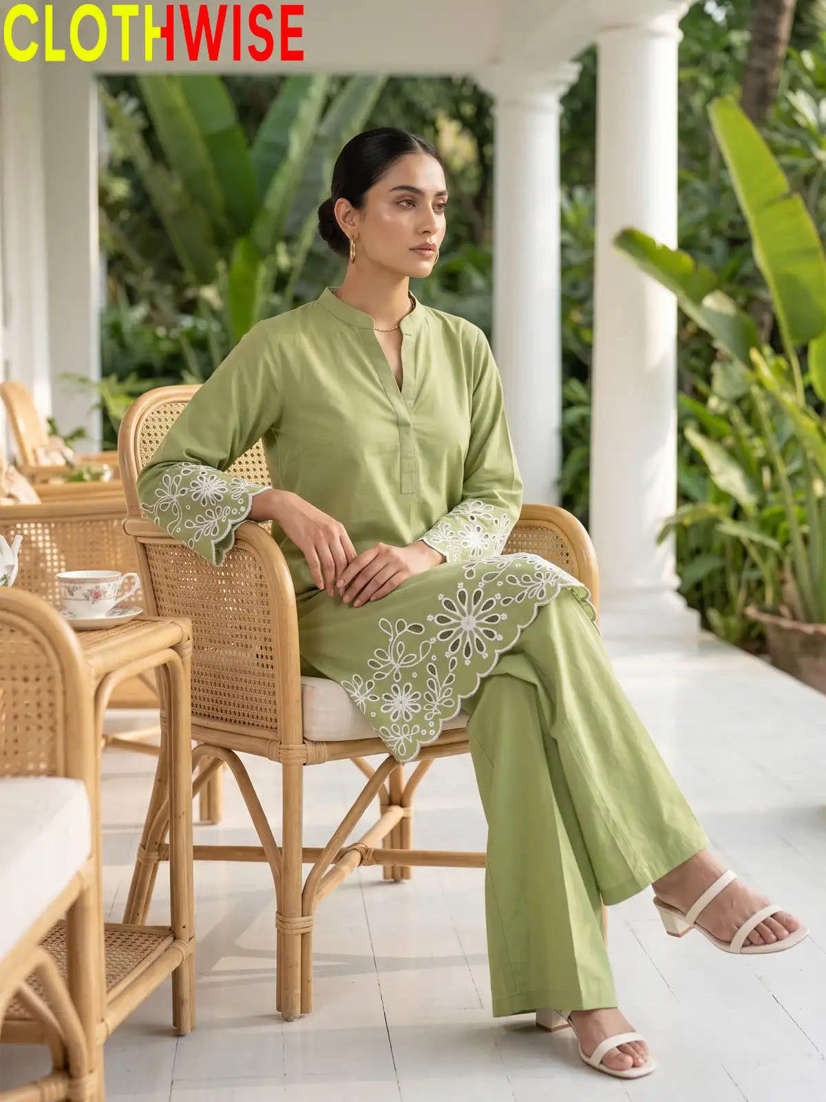 Aserin Laser Cutwork Cotton Suit | Embroidered Kurti with Wide Leg Flapper