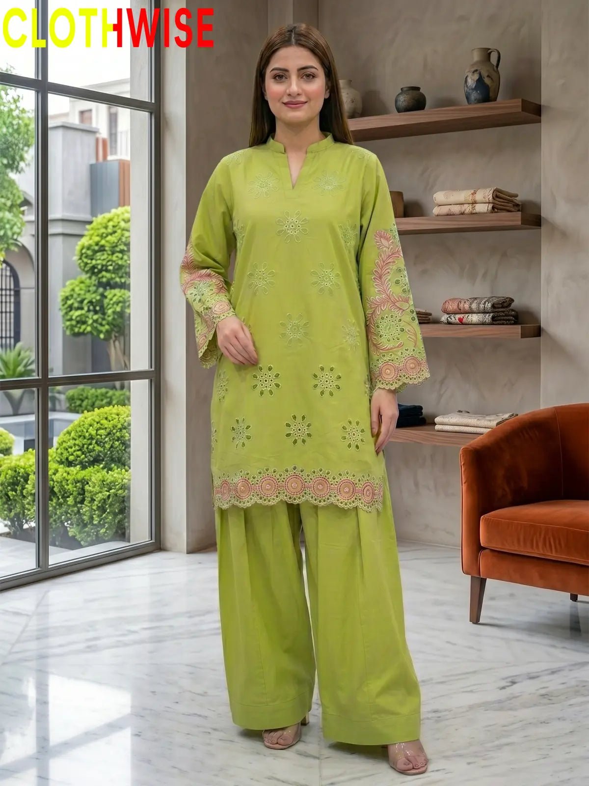 Nazakat Olive Premium Laser Embroidered Cotton Co-ord Set - Pakistani Women Pret | CLOTHWISE