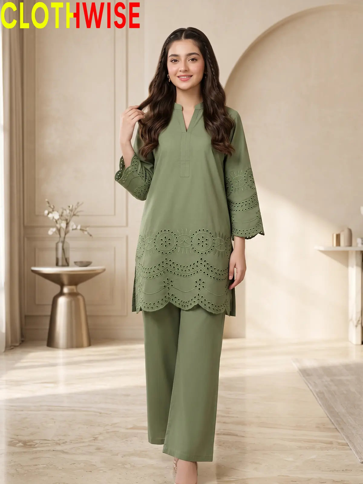 CottonCut Schiffli Embroidered Cotton 2-Piece Suit | Eyelet Kurta with Flapper