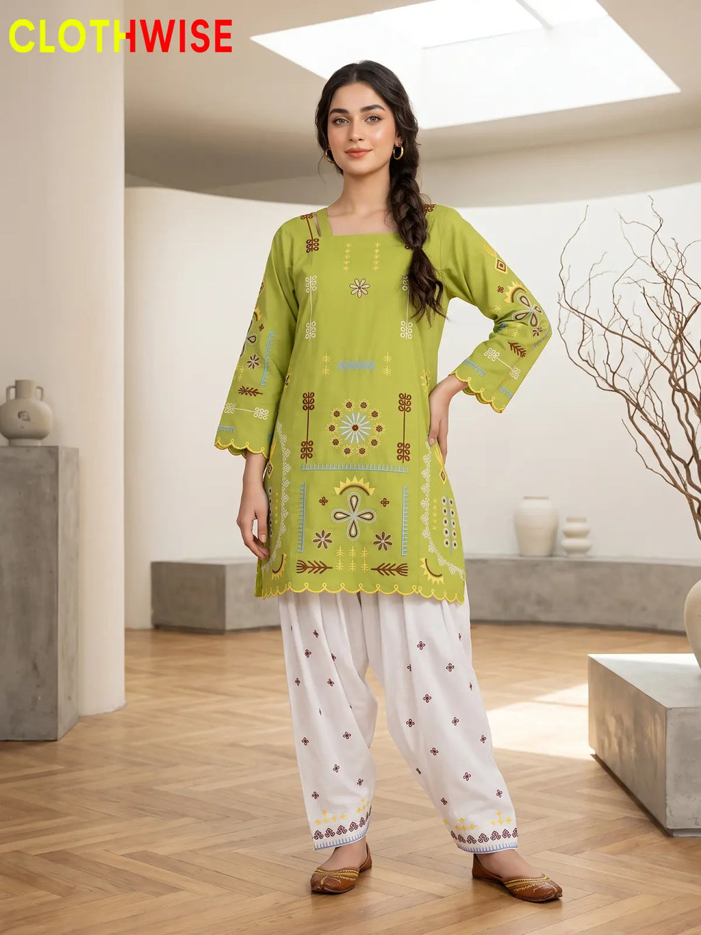 Tehzeeb | Embroidered 2-Piece Kurta Shalwar Set | Square Neck, Scalloped Hem