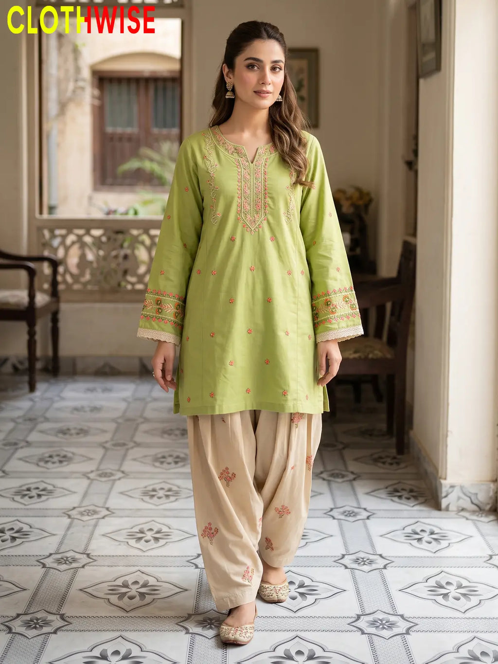 Noor – Embroidered Cotton Kurta with Floral Farshi Shalwar | 2Pc Stitched Suit
