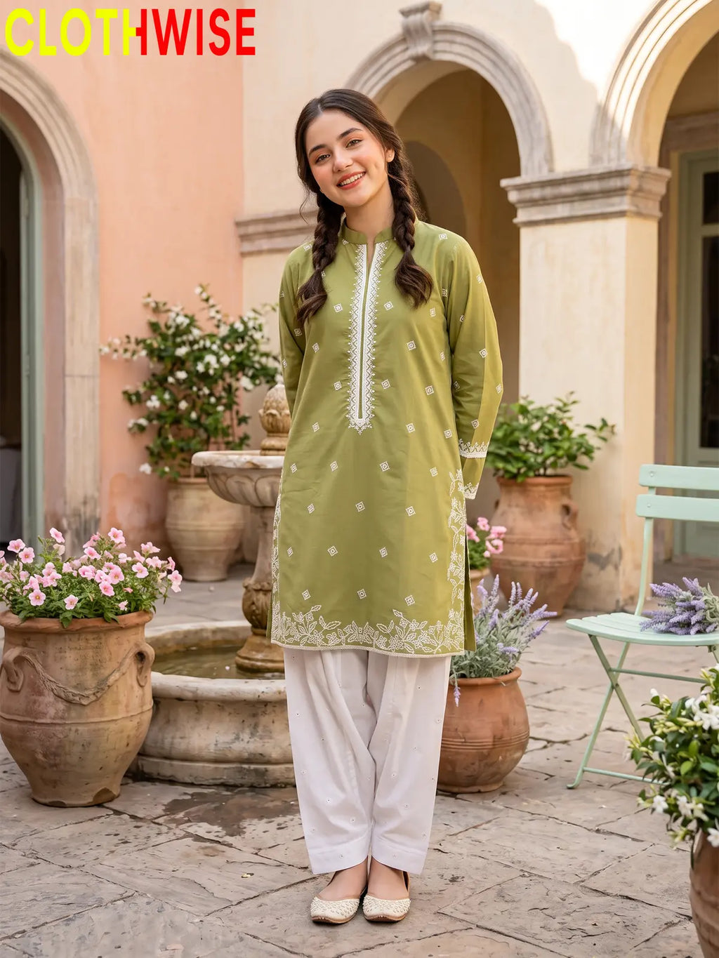 Lazawal – 2 Pcs Cotton Sequin Embroidered Kurti with White Farshi Shalwar