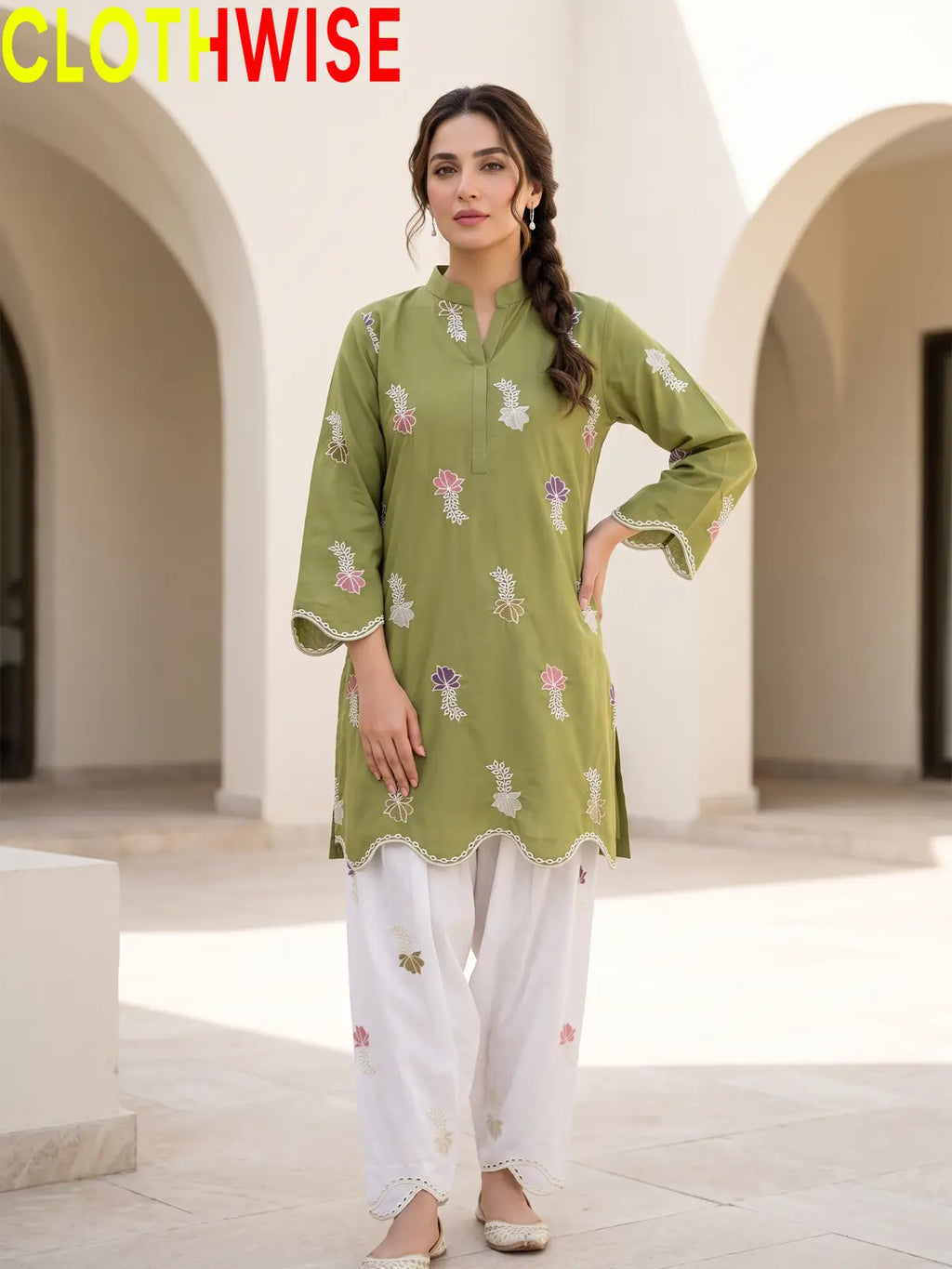 Khushi - Embroidered Cotton Kurti with Scalloped Hem & Shalwar