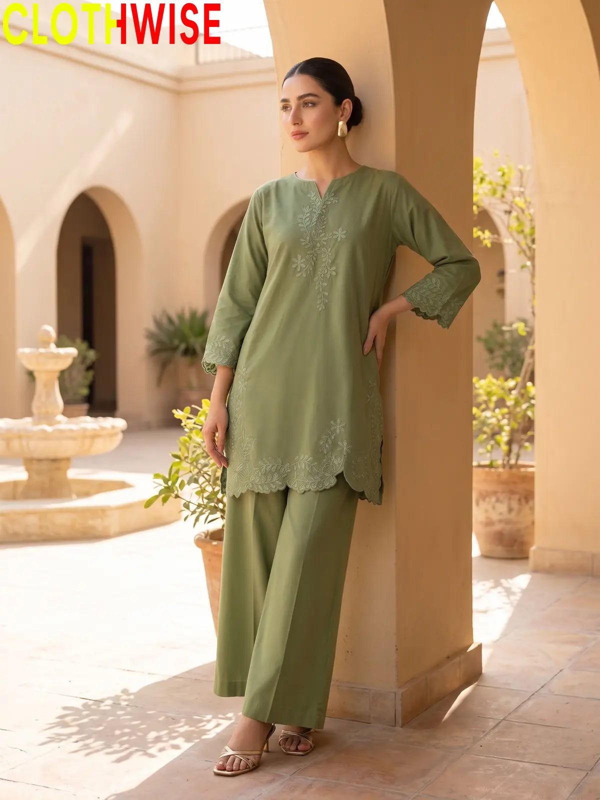 Embroidered Cotton Kurti with Wide Leg Flapper | Scalloped Hem Co-ord Set
