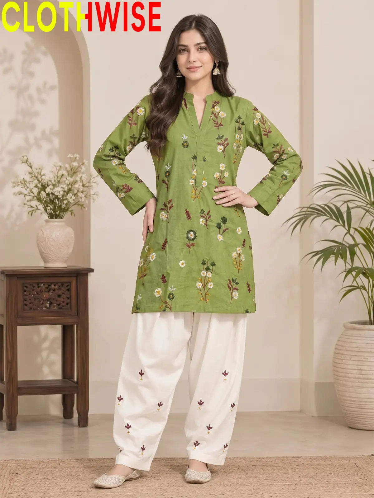 Nargiz - Embroidered Daisy Floral Cotton Kurta with Palazzo | 2-Piece Suit
