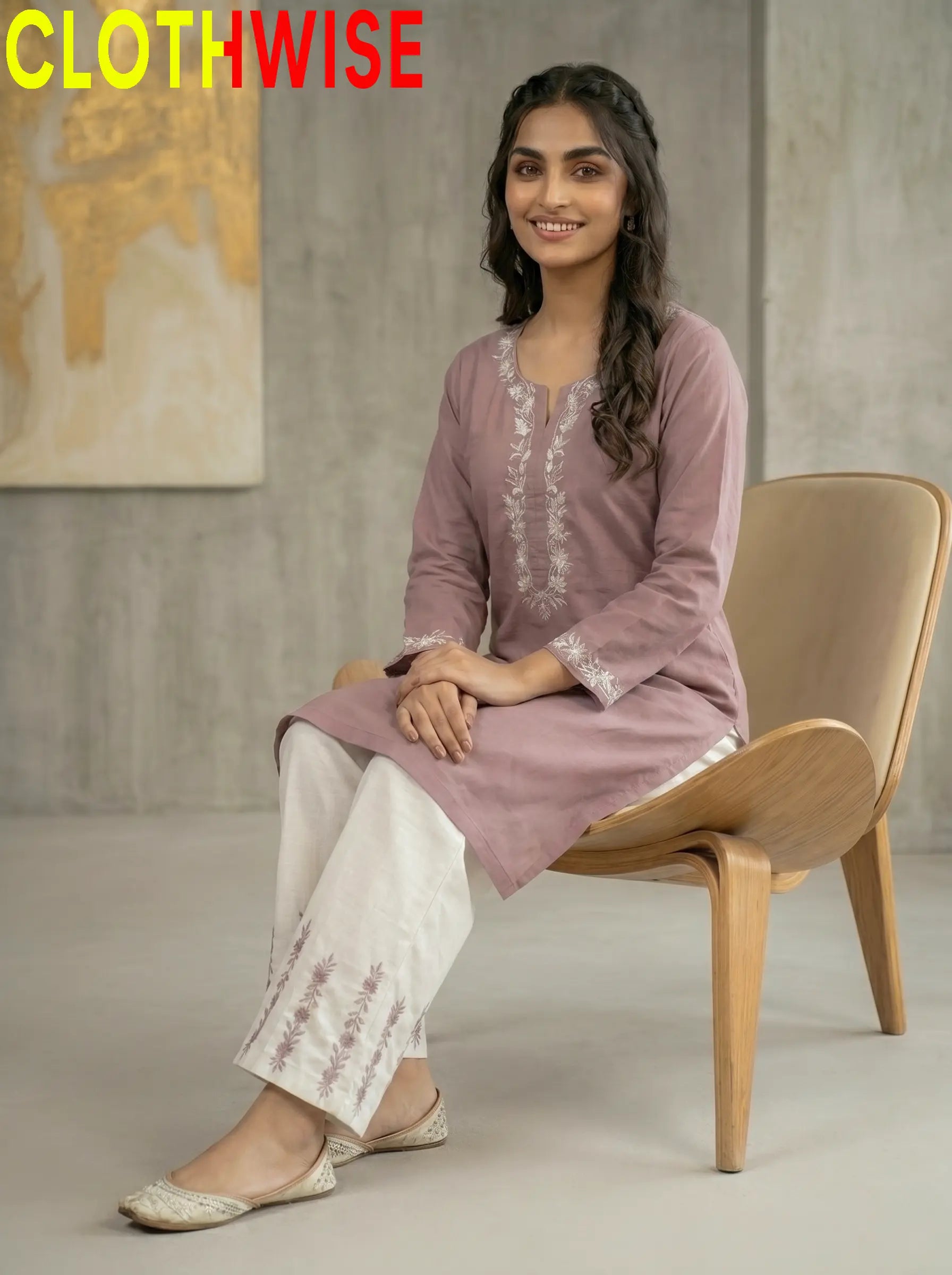 Naqsh Onion Pink Embroidered Cotton Co-ord Set Sitting View – Clothwise
