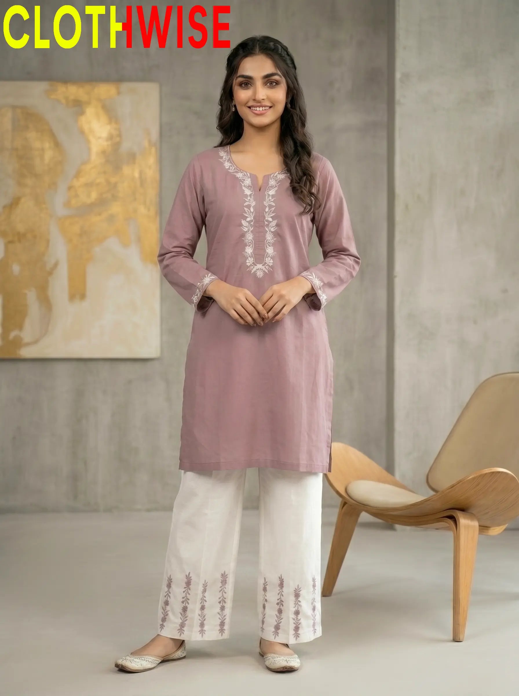 Naqsh Onion Pink Embroidered Cotton Co-ord Set Standing View – Clothwise