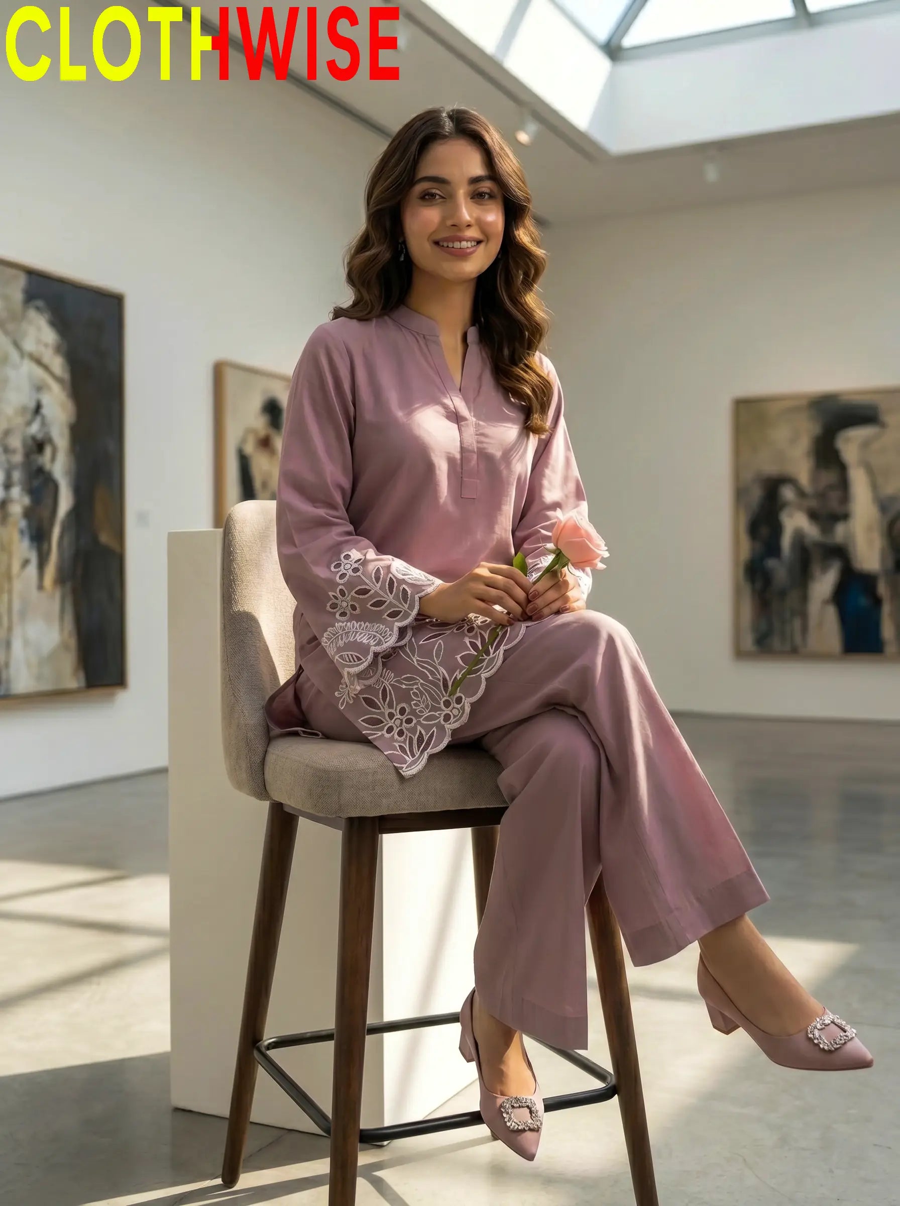 Woman in a pink outfit sitting on a stool in an art gallery with 'CLOTHWISE' branding.